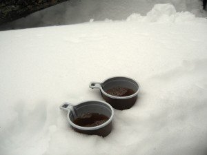 Горячий чай. Температуру регулировали, посыпая снег в кружку.
